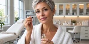 Les exosomes : une nouveauté en médecine esthétique et anti-âge femme utilisant des exosomes sur son visage